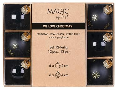 Inge-glas Weihnachtskugeln Glas 4cm x 12 Stück in Kartonbox Christbaumkugeln schwarz - Ebony Black