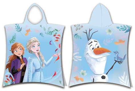 Disney Kinder Bade-Poncho mit Kapuze, Anna, Elsa und Olaf, Herbst, Blätter, Magie und Zauber, 50 x 115 cm 100% Baumwolle