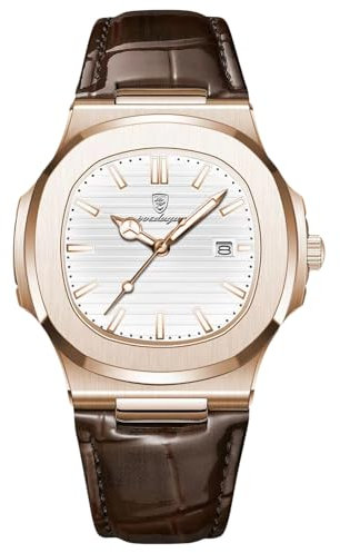 RORIOS Orologio Minimalista da Uomo Orologio da Polso Analogico Quarzo Orologio Calendario Luminosi Orologio Casual Acciaio Inossidabile Cinturino in Pelle Oro rosa Bianco