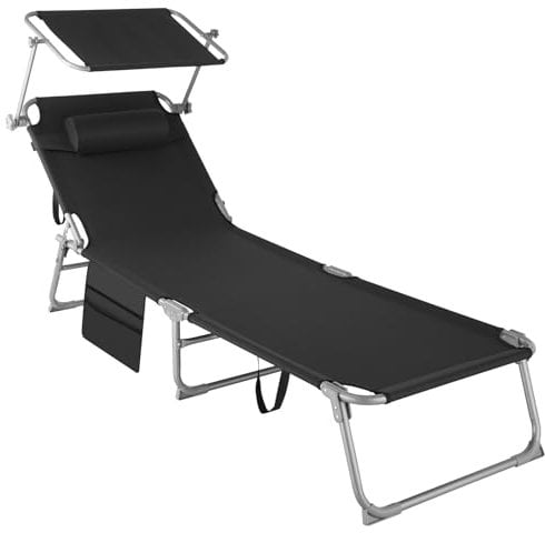 TecTake® Tumbona Jardín Exterior de Acero, Tumbona Plegable con Reposacabezas, Parasol y Bolsillo Lateral, Tumbona Playa Reclinable 6 Posiciones, Tumbona Piscina Resistente a Intemperie - Negra