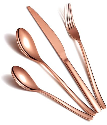 Cutlery Sets 4 Pieces Service for 1, ReaNea Rose Gold Titanium Plating Flatware Set Include Dinner Knives, Dinner Spoons, Dinner Forks, Teaspoons, Dishwasher Safe