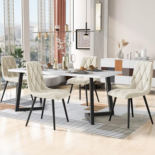 Moderner Essgruppe,(Set,117×68cm Esstisch mit 4 Stühlen), Rechteckiger Esstisch Küchentisch Set,Esszimmerstuhl Twill Samt Küchenstuhl,Schwarze Tischbeine (Samt, Beige)