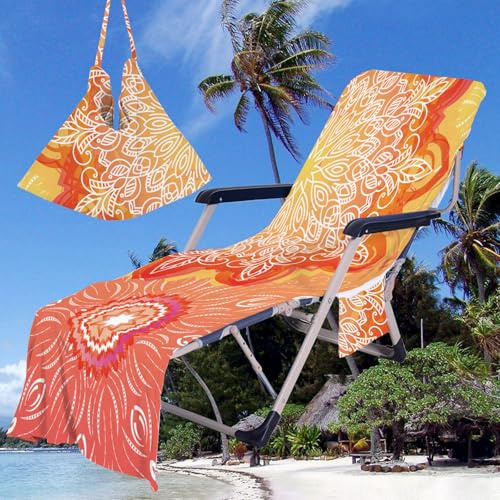 Treer 3D Sonnenliege Auflage, Mandala Gartenliege Abdeckung, Frottee Schonbezug Gartenstuhl mit 2 Taschen, für Schwimmbäder Strände Gartenhotels Liegenauflagen (75x210cm,Orange)