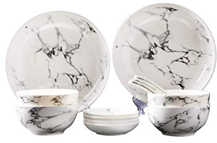 CEDLSF Service de Table à Motif de marbre, 14 pièces, Vaisselle en céramique Blanche et Grise