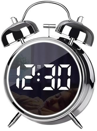 Reloj despertador digital plateado de 4.5 pulgadas con LED de doble campana, enchufe o funciona con pilas, alarma de metal silenciosa para mesita de noche, personas que duermen pesadas, adultos y