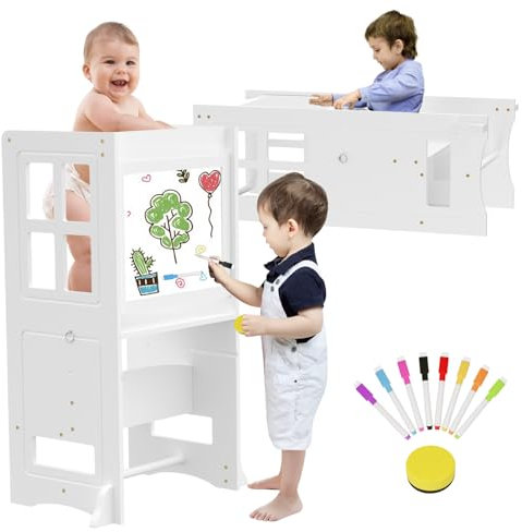 4 in 1 Küche Lernturm Ab 1 Jahr, Hölzerner Küchenturm für Kleinkinder mit Whiteboard und Sicherheitsbügel, höhenverstellbarer Küche Tritthocker für Kinder bis 6 Jahren, Küchentisch und Waschbecken