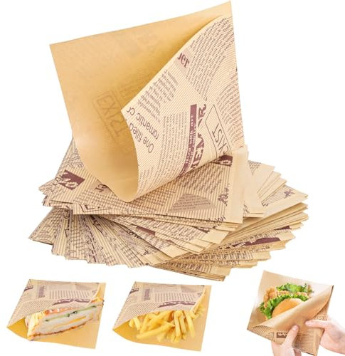 100 Stück Burger Papier, 15 x 15 cm Snacktaschen, Alter Zeitungsdruckstil, Sandwich Tüten, Wrap Papier für Pommes Frites, Kraftpapier