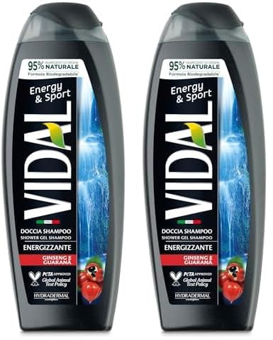Vidal - Docciaschiuma Energy & Sport, Formula Energizzante, con estratti di Ginseng e Guaranà, Dermatologicamente Testato, 250ml (Confezione da 2)