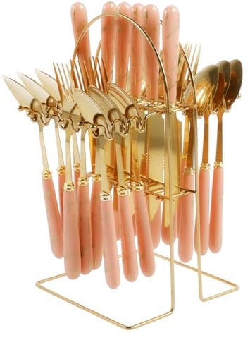 24 Pcs Flatware Set with Hanging Holder, Hanging Stainless Steel Cutlery Set Service for 6 People, Spoon Knife and Fork Sets, Mirror Polished Design Silverware Set for Home Kitchen Restaurant (Pink)