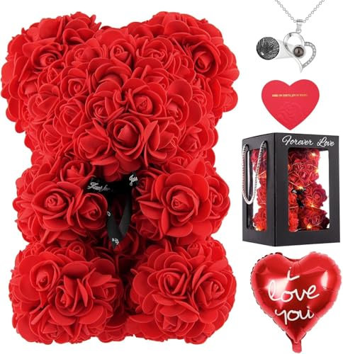 Rose Bear for Women Flower Rose Teddy Bear, Cute Teddy Flower Bear with Box I Love You Necklace, Hand Made Teddy Flower Bear for Wife Mom Daughter, Valentine's Day, Birthday Gifts for Her (Red)