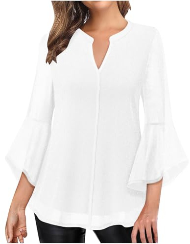 Blusa elegante para mujer, manga 3/4, manga con volantes, parte superior de malla, patchwork, fiesta, túnica, cuello de pico, jersey festivo, doble capa, ligera, transpirable, Blanco, M