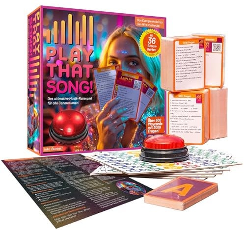 Play That Song! – Neues Musikpartyspiel - 500 Playcards, 3000 Fragen - Musik Quiz Spiel mit App, QR-Code & Buzzer - Heitere Hitstar Partyspiele für Erwachsene, Jugendliche, Familien & Geburtstage