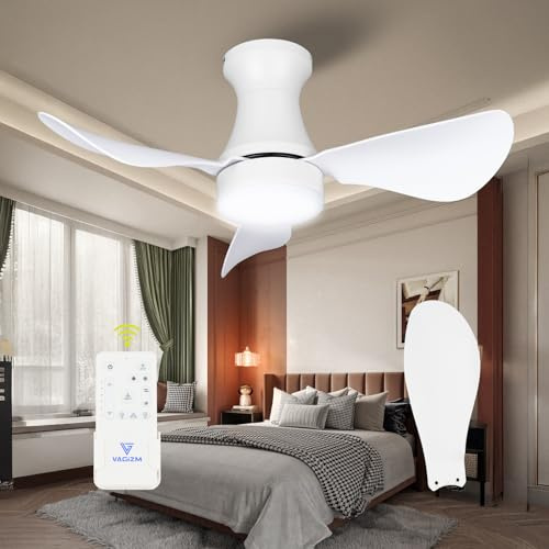 Vagizm Deckenventilator mit Beleuchtung für Schlafzimmer:76cm leiser Deckenventilator mit Fernbedienung für Wohnzimmer - Umkehrbarer DC- Motor – Mattweiß 3 Flügel - Timer Funktion V