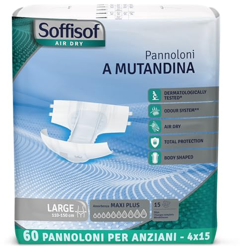 Soffisof Air Dry Windeln für Erwachsene Maxi Plus L - 60x Inkontinenz Slip - 4 Packungen mit 15 Windelhosen, 10 Tropfen - Windelslip Erwachsene