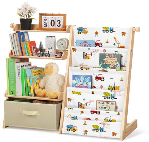 decalsweet Kinderregal mit 4 Ablage und 3 Offenen Fächern, Bücherregal Kinder mit Boxen & 3 Tasche, Spielzeug-Organizer Kinderzimmer Möbel, Aufbewahrungsregal mit Niedlichem Muster (Baufahrzeug)