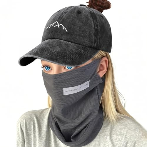 peiyee Baseball Cap Damen, Pferdeschwanz Cap Dunkel mit Zopf Loch, Mountain Stickerei Baseball Caps und UV Schutz Gesichtsabdeckung, Einstellbare Baseballmütze Tennismütze für Jedes Haar