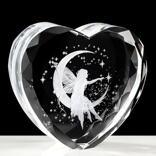 Ornalrist K9 Cœur en cristal 3D Lune Fée Cadeau souvenir pour femme – Charmante figurine sur le thème des fées