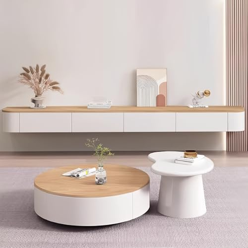 Ecoxsnz Schwebender TV-Ständer, Wandmontierter TV-Schrank mit Schubladen, 280 cm Lange TV-Medienkonsole, Große TV-Bank mit Stauraum unter dem Fernseher (Holz + Weiß, 280cm/110.2)