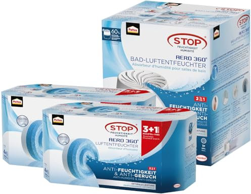Pattex AERO 360° Luftentfeuchter für das Badezimmer, Raumluftentfeuchter, 1 Gerät inkl. 1 Nachfüll Tab & Nachfüll Tabs Neutral, reduzieren Feuchtigkeit und schlechte Gerüche, 2x 4er-Pack (4x450g)