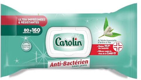 Carolin Lingettes Multi-Surfaces Anti-bactériennes sans Javel à l'Huile Essentielle d'Arbre à Thé x80