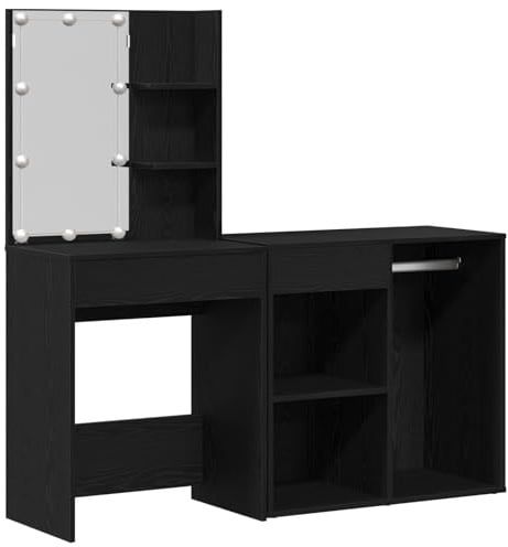 vidaXL LED Dressing Table Black oak 140 x 40 x 140 cm Engineered Wood, Elegant Wooden Vanity With Mirror, Modern Compact Makeup Table, Functional Storage Solutions for Bedroom and Bathroom