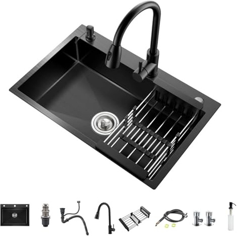 Schwarze Küchenspüle, Einbauspüle aus Edelstahl, Arbeitsplatte im Landhausstil mit ausziehbarem Wasserhahn, Seifenspender, Abtropfkorb und vielem Zubehör(72cm/28.3in)