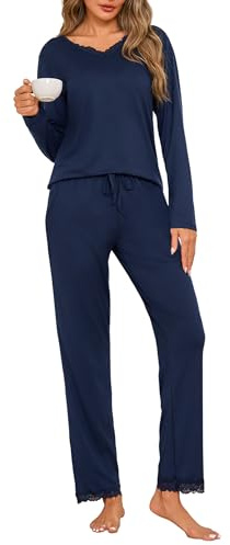 Jahetuul Pigiama Donna Cotone Lungo Pigiami Due Pezzi da Donna Invernale Maglia con Aperto Davanti e Bottoni e Pantaloni Lunghi con Tasche Comodo Casual