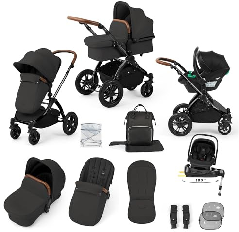 Ickle Bubba Stomp Luxe 12pc Travel System with i-Size Nimbus Car Seat & 180° Spin ISOFIX Base (Charcoal Grey/Tan, Black Chassis) – Convertible Configurations, Birth to 22kg (Approx. 4 Years)
