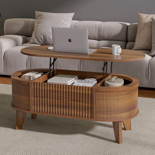 LYNCOHOME 43.3'' Fluted Lift Top Coffee Table with Storage,Modern Oval Coffee Table for Living Room or Home Office(Walnut)
