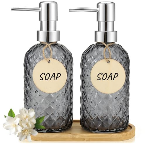 2er Glas Spülmittelspender,Vintage Seifenspender mit Tablett, Seifenspender Set Handseifenspender Duschgel für Küche Bad Shampoo Lotion