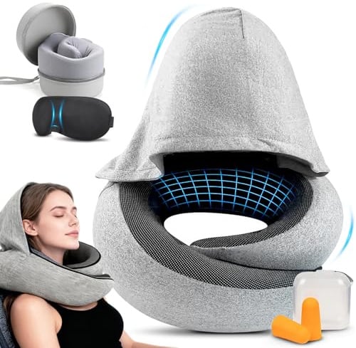 Nackenkissen Flugzeug, mit Kapuze, tragbar Verstellbarer Memory Foam | Reisekissen, Unterstützt Kopf Nacken Nackenhörnchen Erwachsene mit Schlafmaske, Ohrstöpsel, Tragetasche für Flugzeug, Auto
