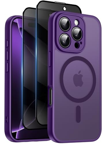 Qasyfanc for iPhone 16 Pro Max Case, Privacy Screen Protectors X2, Purple | Compatible with MagSafe, Camera Protection, 15FT Military Drop Protection, Translucent Matte Shockproof Phone Cover