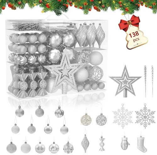 YRHome 138pcs Weihnachtskugeln Klein Weihnachtsbaumkugeln Christbaumkugeln Kunststoff mit Aufhänger Weihnachtsdekoration Kugeln Weihnachtsschmuck Deko Weihnachtsbaumschmuck, Silber