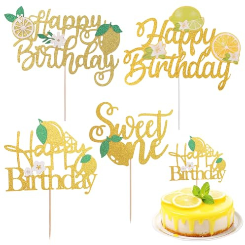 WANDIC 4 Stück Zitronen Deko Kuchen-Topper Set, Happy Birthday Tortendeko, Glitzer Zitrone Torten Deko Sommer Früchte Cake Topper für Cupcakes, Perfekt für 1. Geburtstag, Lemon Deko Party Supplies