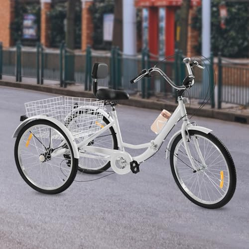 Gdetnysty faltbares Dreirad 7 Gang Erwachsenenfahrrad 24 Zoll Korb Vorder Rücktrittbremse LED Frontlicht Trinkflaschenhalter verstellbarer Sitz Lenker Falten Für Damen Herren Senioren 160-180cm (Weiß)