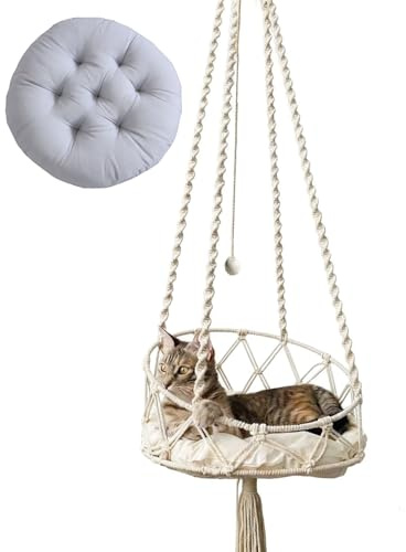45CM Cat Hammock with Cushion, Cotton Hanging Cat Swing Bed, Macrame Cat Hammock, Handwoven Tassel Hanging Swing Bed, Hand Knitting Nests Basket, for Sleeping, Playing, Climbing and Lounging 7KG Cat