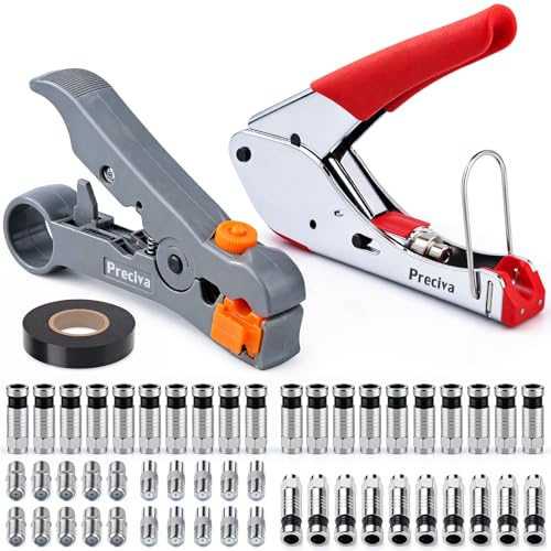 Preciva Koaxial Abisolier- & Crimpwerkzeug Set 53-teilig | Rotations-Abisolierer + Ratschen-Crimpzange für RG6 RG59 | inkl. 30 F-Kompressionsstecker + 20 Adapter | für SAT CATV CCTV Breitband