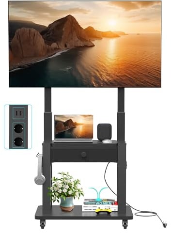 Supporto TV con cassetto in tessuto, per schermo piatto/curvo da 32-75, fino a 200 libbre LCD/LED/OLED, carrello per TV mobile con ruote per casa ufficio all'aperto Max VESA 600 x 400 mm, nero