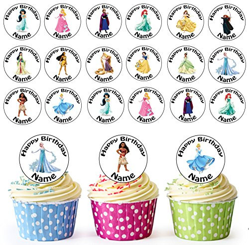 AK Giftshop Princess Mix 24 Personalised Edible Cupcake Toppers/Birthday Cake Decorations - Easy Precut Circles