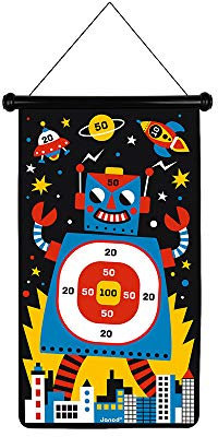 Janod - Magnetisches Dartspiel mit Roboter-Motiv, doppelseitig, Geschicklichkeitsspiel, zum Erlernen von Agilität und Konzentration, 6 Pfeile, ab 4 Jahren, J02073