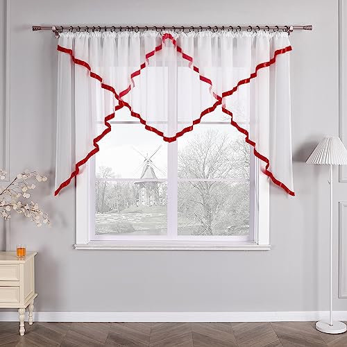 HongYa Kuvertstore transparenter Voile Gardine mit Satinbänder Kräuselband Vorhang H/B 145/450 cm Beere