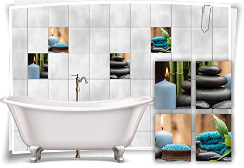 Medianlux Fliesenaufkleber Fliesenbild Zen Steine Kerze Petrol Wellness SPA Aufkleber Sticker Deko Bad WC, 20x25cm fp5p148h-71778