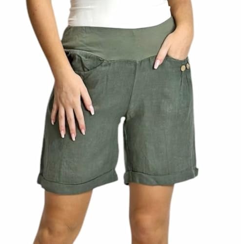 Mississhop 293 Damen Leinenshorts Bermuda lockere Kurze Hose Freizeithose 100% Leinen Shorts mit DREI Knöpfen Sommer Strand Oliv XL