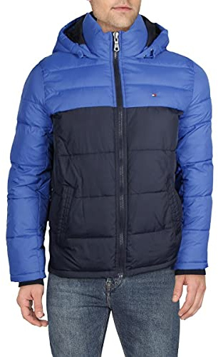 Tommy Hilfiger Men's Hooded Puffer Jacket Down Alternative Coat, Royal Blue Color Block, S
