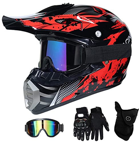 MRDEAR Motocross Casque Cross Adulte Casques Moto Cross Enfant Accessoire Moto Cross avec Goggle/Gants Moto/Masque, Casque VTT Integral BMX Velo Quad Enduro ATV Scooter, Noir et Rouge,L