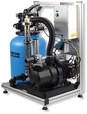 PURION Pool 20 sistema de filtro 3 en 1 de alta calidad con filtro de sedimentos, bomba y lámpara UV de alto rendimiento (acero inoxidable con control de vida)