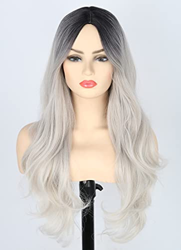 Topcosplay Lang Gewellt Perücke für Frauen Super Natürlich Synthetische Wig Locken Perücken für Anime Cosplay Kostümparty Halloween Karneval (Grau)
