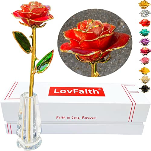 LovFaith Echte Rose mit Kristallständer, 24 Karat Gold, romantisches Geschenk für Ihre Frau, Mutter