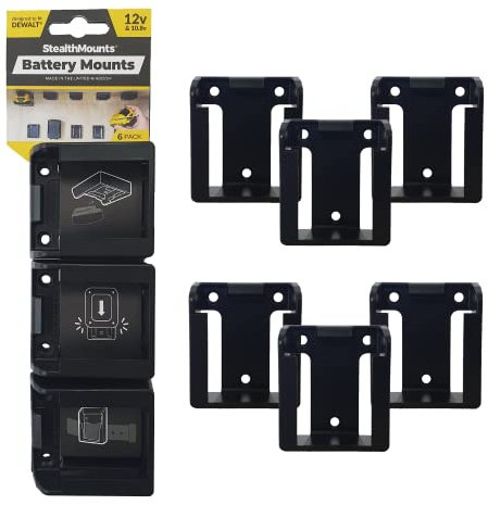 StealthMounts Battery Mounts compatible with Dewalt 12v | Black Cordless Battery Holders for Power Tools | 6 Pack | Made in the UK