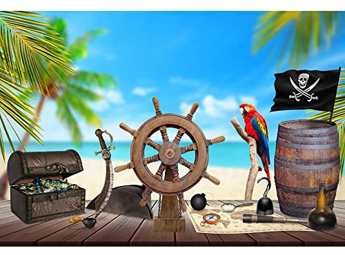 Aoihrraan 1,5x1m Piratenschiff Hintergrund Boot Ruder Holzdeck Schmuckkästchen Schatzkarte Strand Nautische Fotografie Hintergrund Piraten Mottoparty Babyparty Kinder Jungen Porträt Fotorequisite